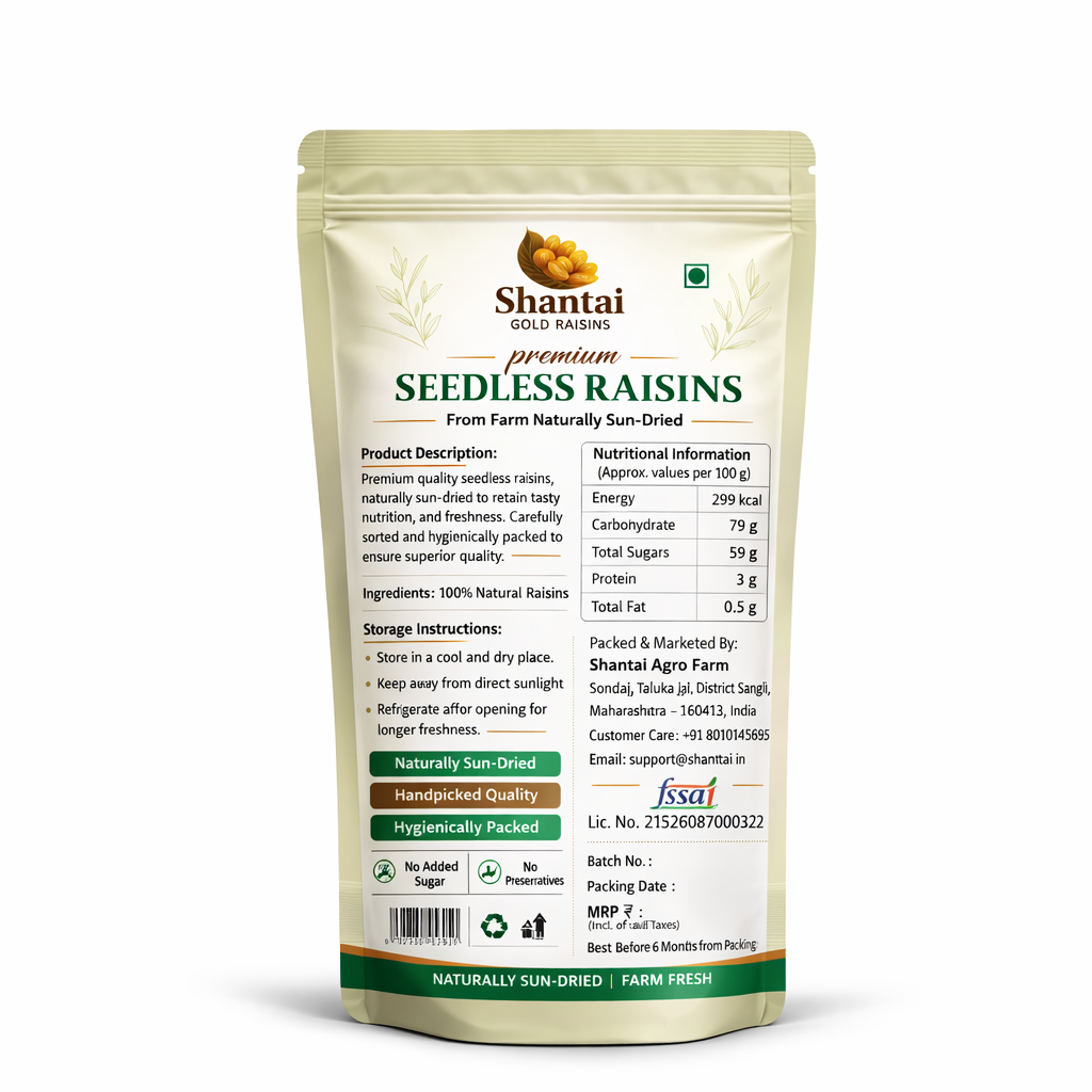 Shantai Gold Raisins (Kishmish) – Premium A1 Quality | Naturally Sun-Dried | Soft & Sweet
