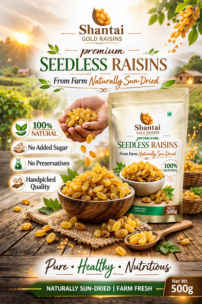 Shantai Gold Raisins (Kishmish) – Premium A1 Quality | Naturally Sun-Dried | Soft & Sweet